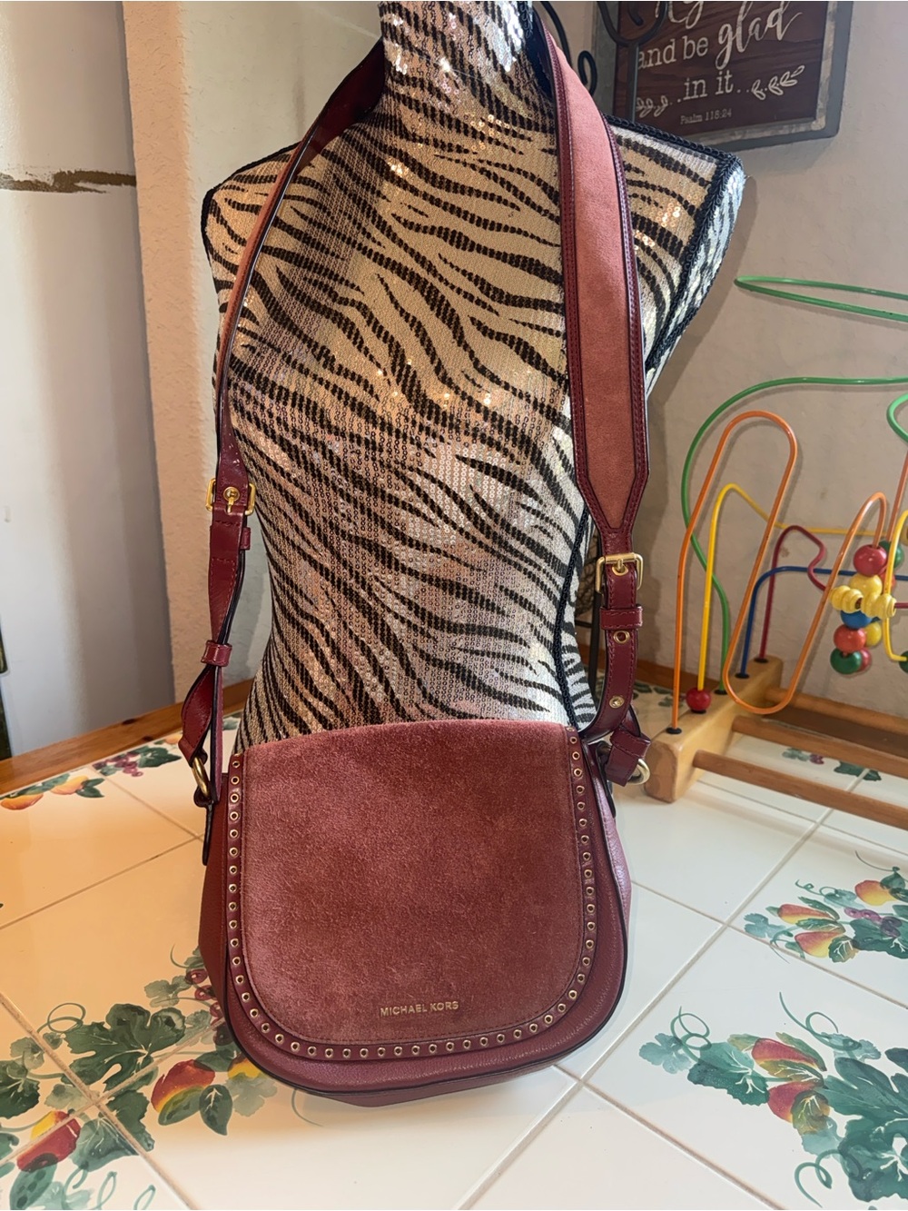 Michael Kors Brooklyn Studded Saddle Crossbody Bag Burgundy Suede Leather